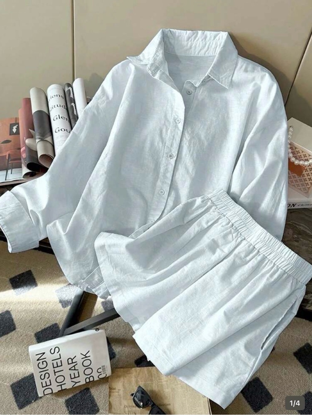 Women's Light Blue 2piece Set-Button-Down Shirt and Shorts